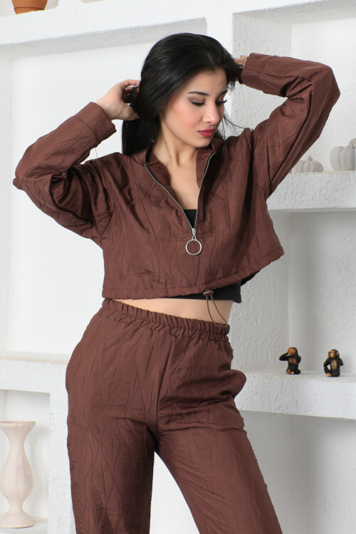 KADIN Kapüşonlu Eteği Lastikli Geometrik Desenli Eşofman Takım