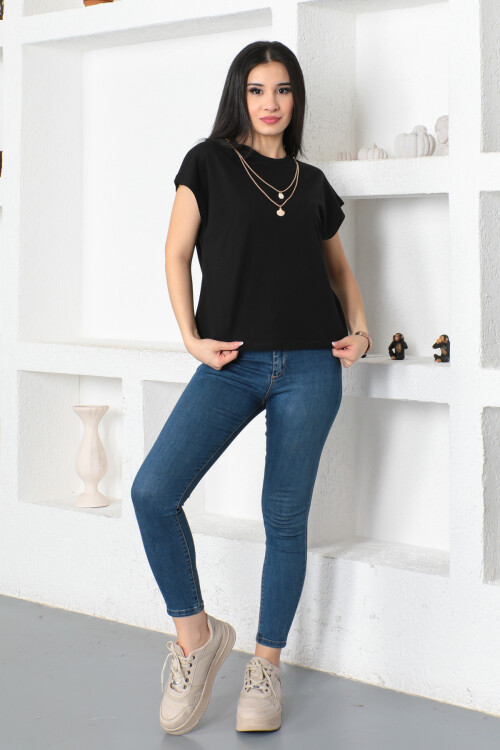 KADIN Kolyeli Kolsuz Bisiklet Yaka Salaş Tişört