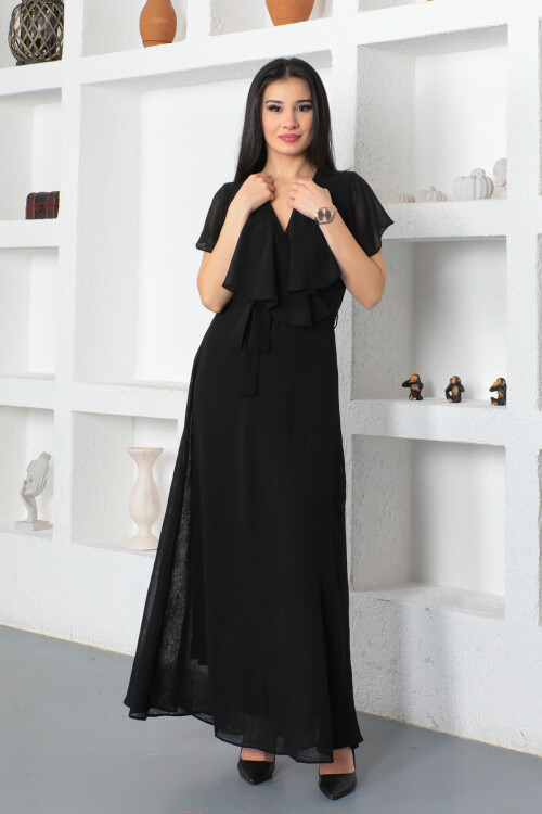 KADIN Kruvaze Yaka Yanı Fermuarlı Kuşaklı Kolsuz Uzun Şifon Elbise