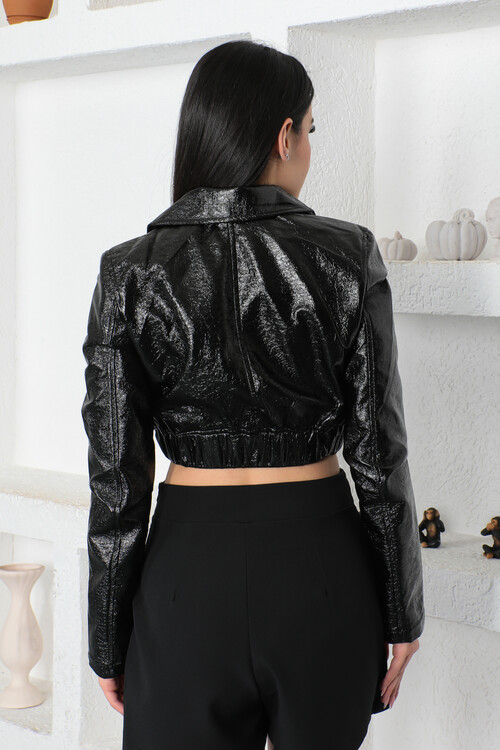 KADIN Önü Fermuarlı İçi Astarlı Beli Lastikli Cepli Rugan Crop Ceket