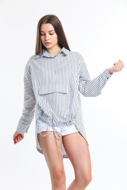 KADIN Önü Tek Cepli Eteği Bağcıklı Çizgili Oversize Gömlek