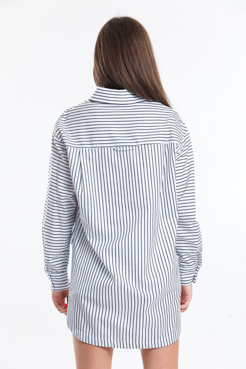 KADIN Önü Tek Cepli Eteği Bağcıklı Çizgili Oversize Gömlek