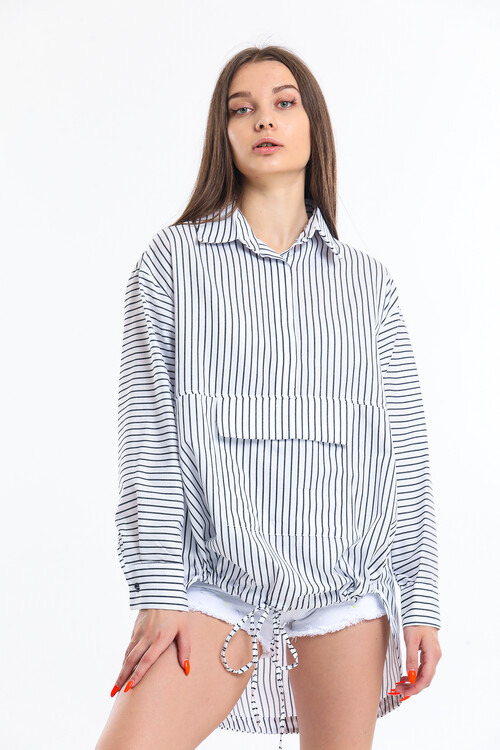 KADIN Önü Tek Cepli Eteği Bağcıklı Çizgili Oversize Gömlek