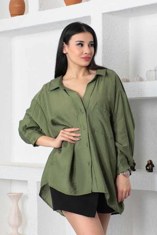 KADIN Tek Cepli Yarasa Kol Önü Düğmeli Salaş Gömlek