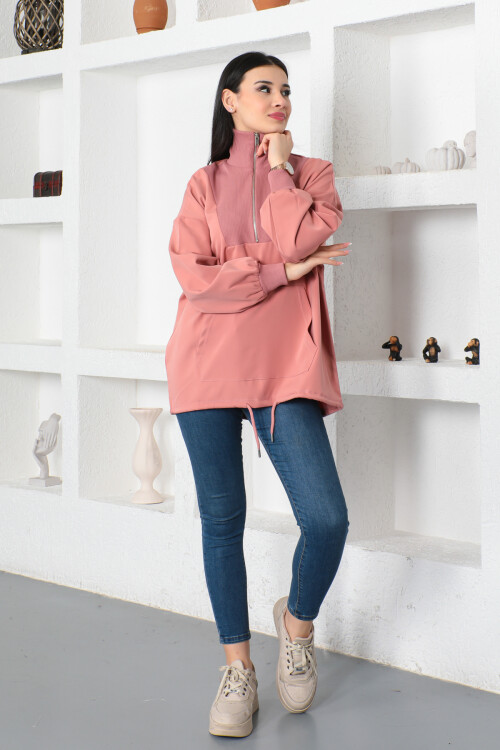 KADIN Yakası Fermuarlı Yarım Balıkçı Yaka Kanguru Cepli Tunik