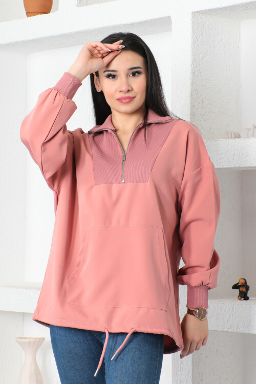 KADIN Yakası Fermuarlı Yarım Balıkçı Yaka Kanguru Cepli Tunik