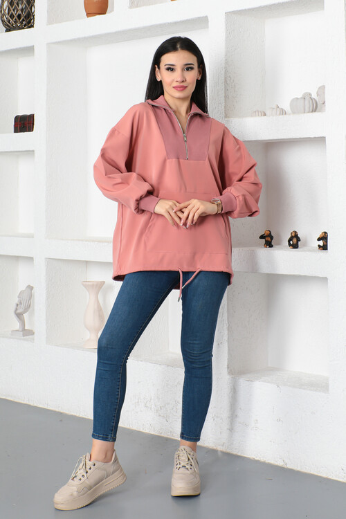 KADIN Yakası Fermuarlı Yarım Balıkçı Yaka Kanguru Cepli Tunik