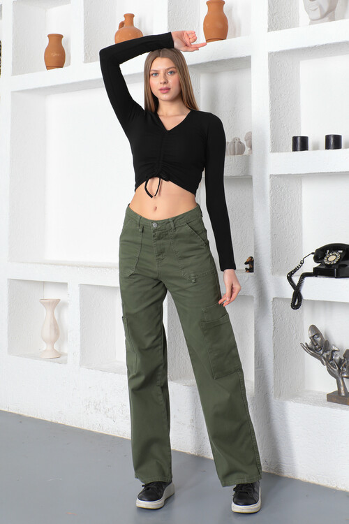 KADIN Yanları Çift Cepli Yüksekbel Bol Paça Gabardin Pantolon