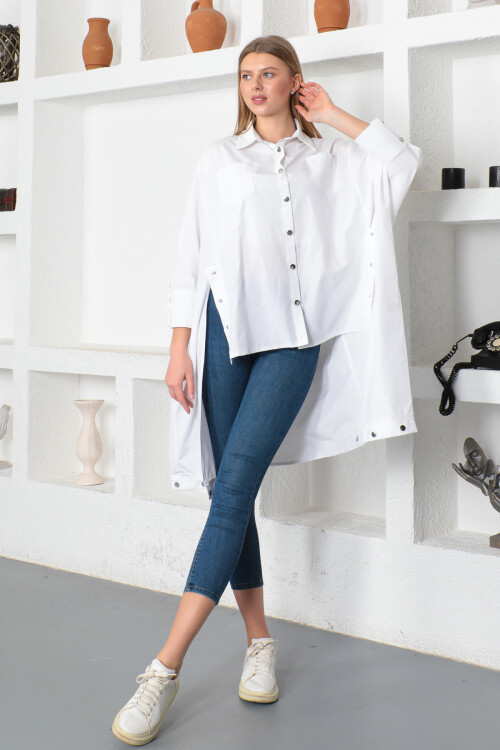 KADIN Yarasa Kol Çıtçıt Detaylı Salaş Gömlek