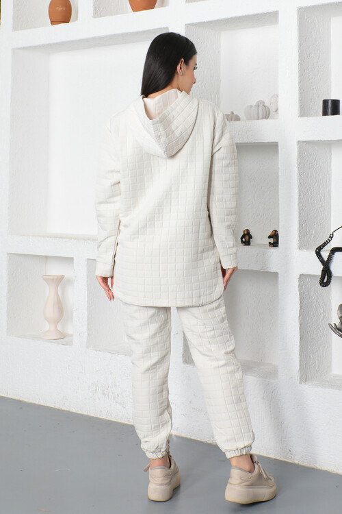 KADIN Yarım Fermuarlı Kapüşonlu Kare Desenli Eşofman Takım