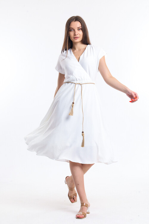 Kruvaze Yaka Beli Lastikli Yarasa Kol Bağcıklı İçi Astarlı Elbise