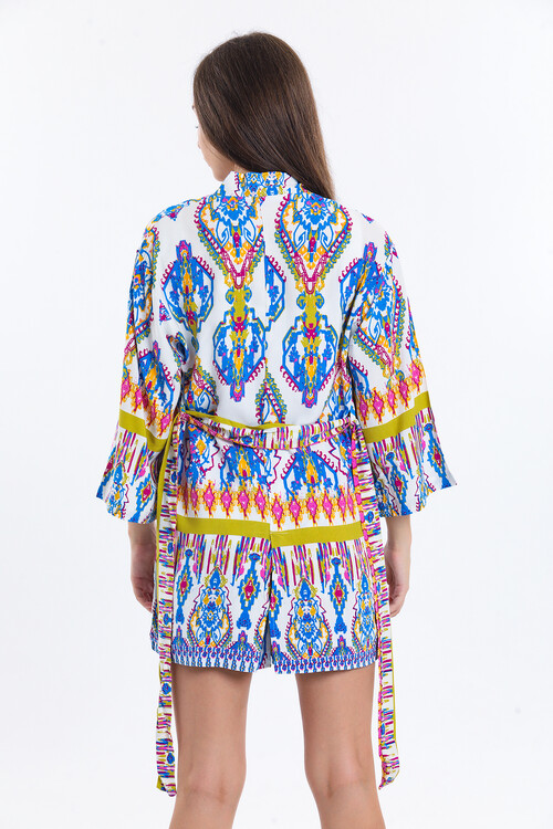 Kuşaklı Etnik Desenli Kimona Takım