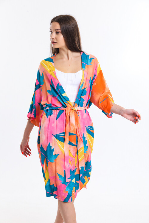 Kuşaklı Yarasa Kol Yaprak Desenli Uzun Hırka