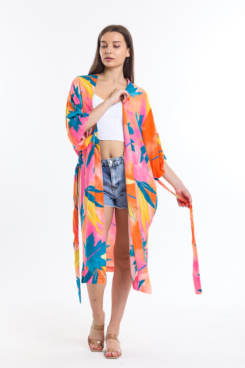 Kuşaklı Yarasa Kol Yaprak Desenli Uzun Hırka