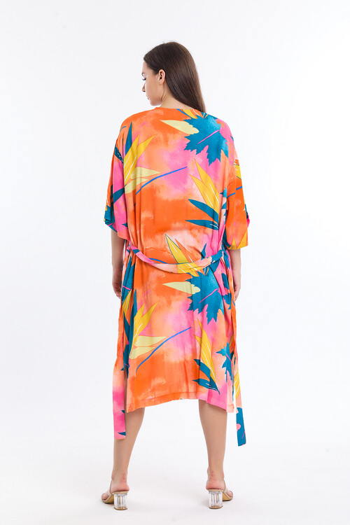 Kuşaklı Yarasa Kol Yaprak Desenli Uzun Hırka