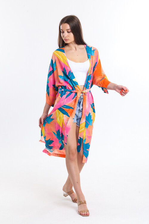 Kuşaklı Yarasa Kol Yaprak Desenli Uzun Hırka