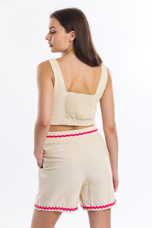 Nakışlı Yandan Fermuarlı Şerit Detaylı Cepli Şort Takım