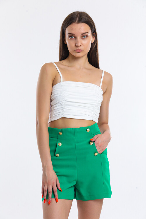 Önü Düğme Detaylı Yanı Fermuarlı Cepli Yüksek Bel Şort