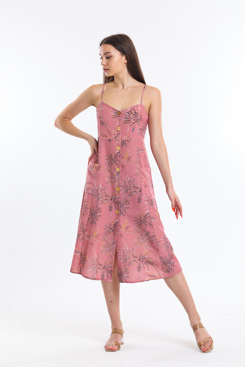 Önü Düğmeli Askılı Cepli Çiçek Desenli Elbise