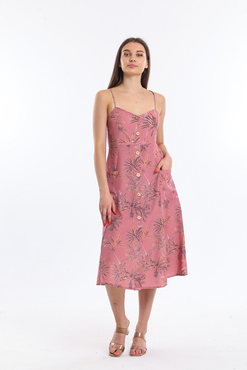 Önü Düğmeli Askılı Cepli Çiçek Desenli Elbise