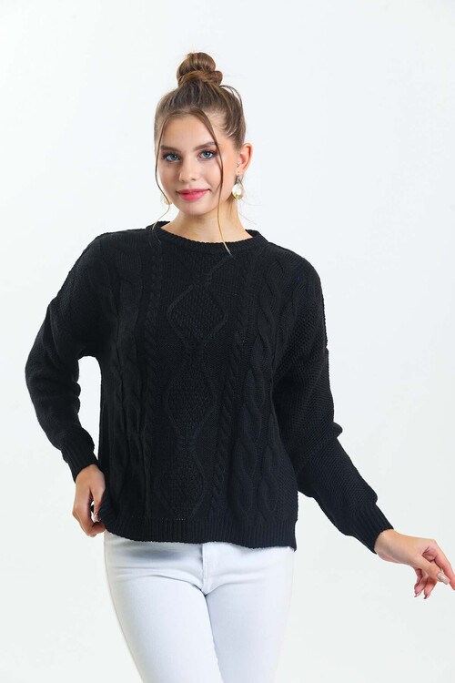 Önü Saç Örgülü Arkası Yırtmaçlı Bisiklet Yaka Örgülü Salaş Kazak