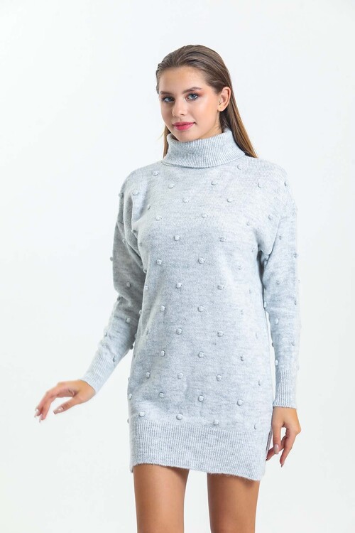 Önü ve Kolları Ponponlu Balıkçı Yaka Triko Elbise