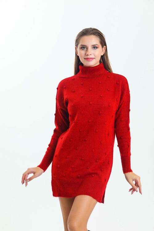 Önü ve Kolları Ponponlu Balıkçı Yaka Triko Elbise