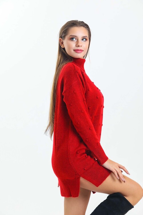 Önü ve Kolları Ponponlu Balıkçı Yaka Triko Elbise