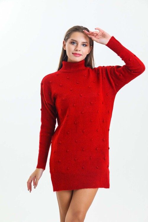 Önü ve Kolları Ponponlu Balıkçı Yaka Triko Elbise