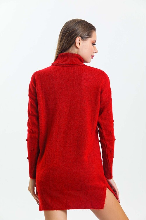 Önü ve Kolları Ponponlu Balıkçı Yaka Triko Elbise