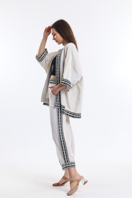 Şerit Detaylı Keten Kimona Takım