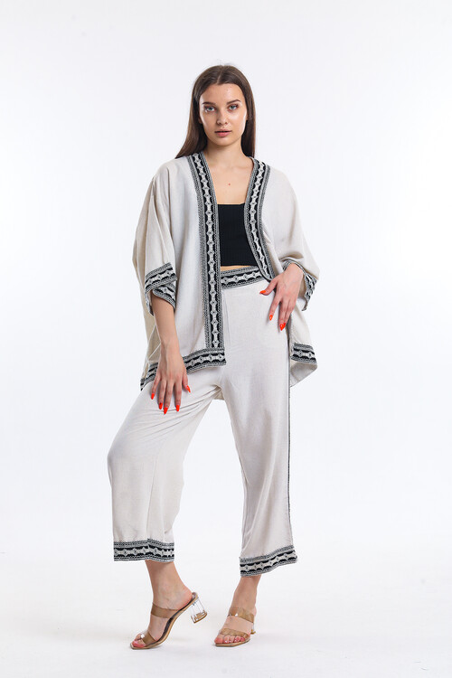 Şerit Detaylı Keten Kimona Takım
