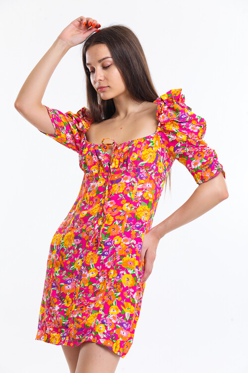 Sırtı Fermuarlı Balon Kol İçi Astarlı Bağcık Detaylı Çiçek Desenli Büzgülü Kısa Elbise