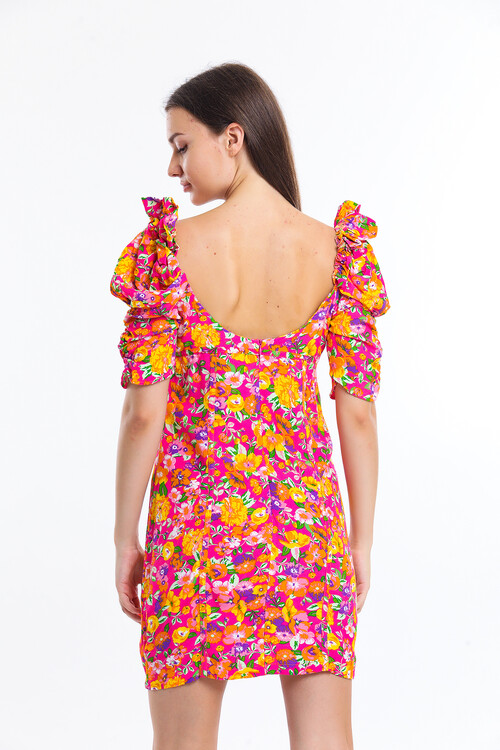 Sırtı Fermuarlı Balon Kol İçi Astarlı Bağcık Detaylı Çiçek Desenli Büzgülü Kısa Elbise