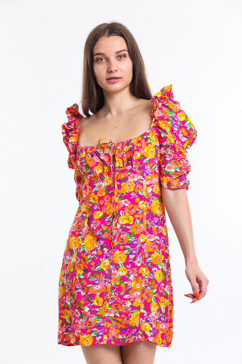 Sırtı Fermuarlı Balon Kol İçi Astarlı Bağcık Detaylı Çiçek Desenli Büzgülü Kısa Elbise