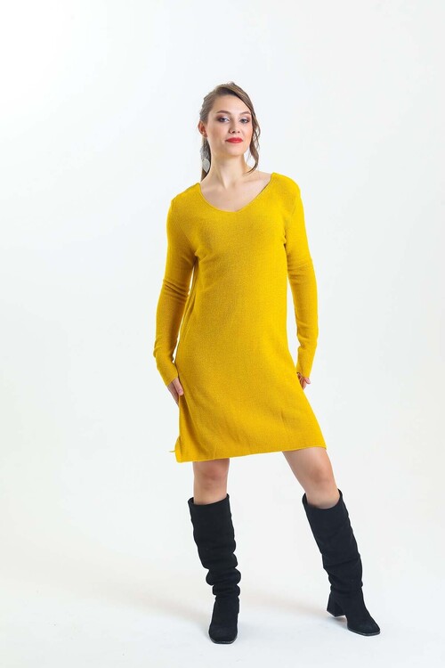 V Yaka Uzun Kol Simli Triko Elbise