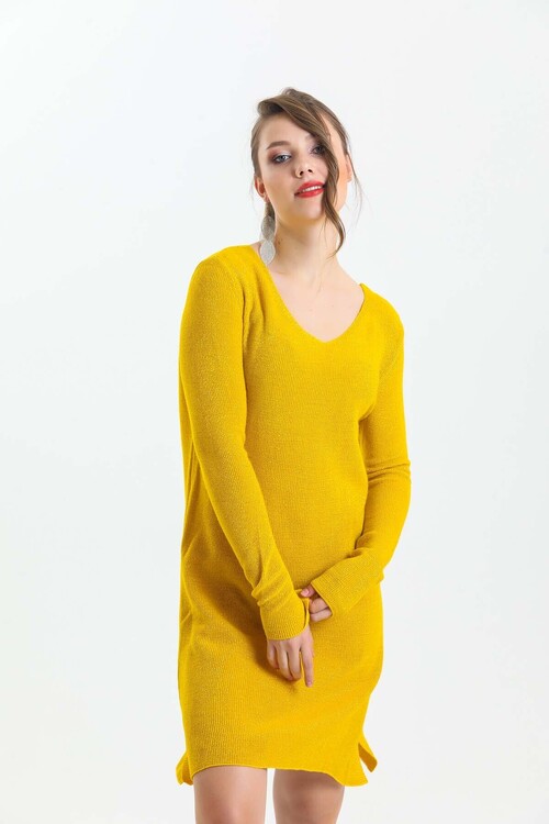 V Yaka Uzun Kol Simli Triko Elbise