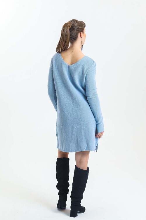 V Yaka Uzun Kol Simli Triko Elbise