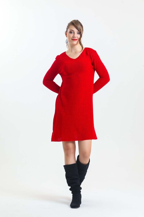 V Yaka Uzun Kol Simli Triko Elbise