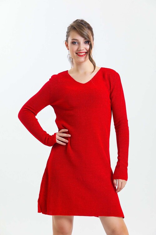 V Yaka Uzun Kol Simli Triko Elbise