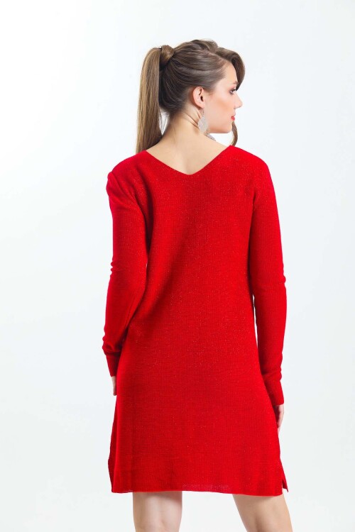 V Yaka Uzun Kol Simli Triko Elbise