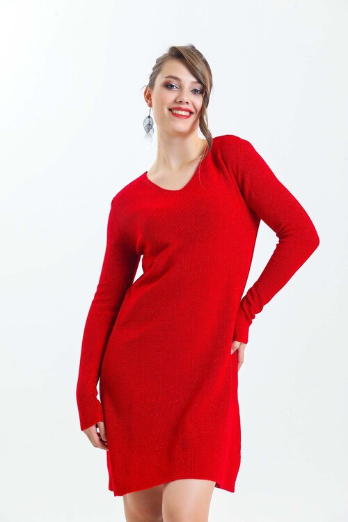 V Yaka Uzun Kol Simli Triko Elbise