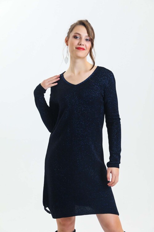 V Yaka Uzun Kol Simli Triko Elbise