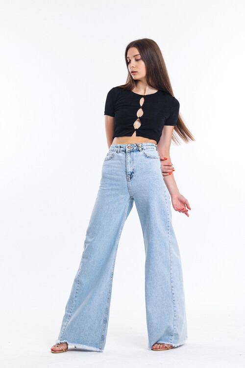 Yüksek Bel Kar Yıkamalı Geniş Paça Palazzo Kot Pantolon